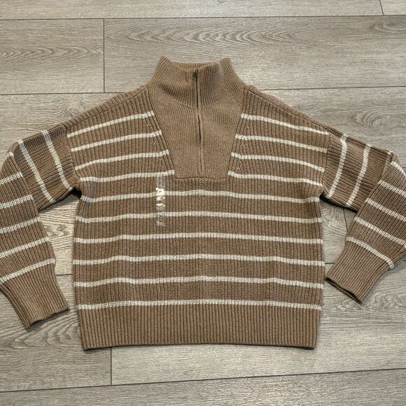 Faherty Women’s Sweater Size Medium Mariner Sweater Carmel Brown Stripe Pullover - Picture 1 of 10